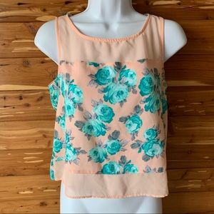 Xhilaration Tank Top Pink Blue Rose Floral Print Shirt Blouse Mesh Size Small